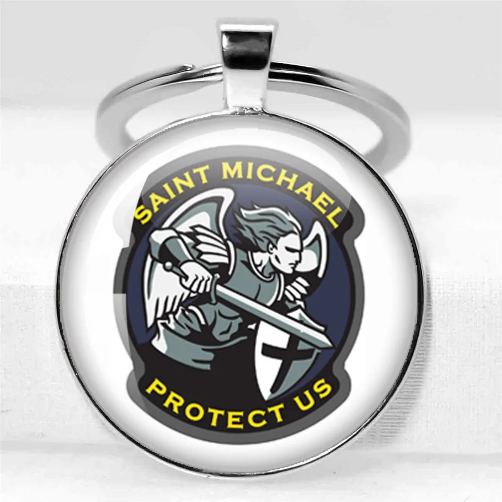 25mm/30MM Archangel Saint Michael Protect Me Holy Shield Angel Protection Glass Pendant Christian Keychains Jewelry Gift