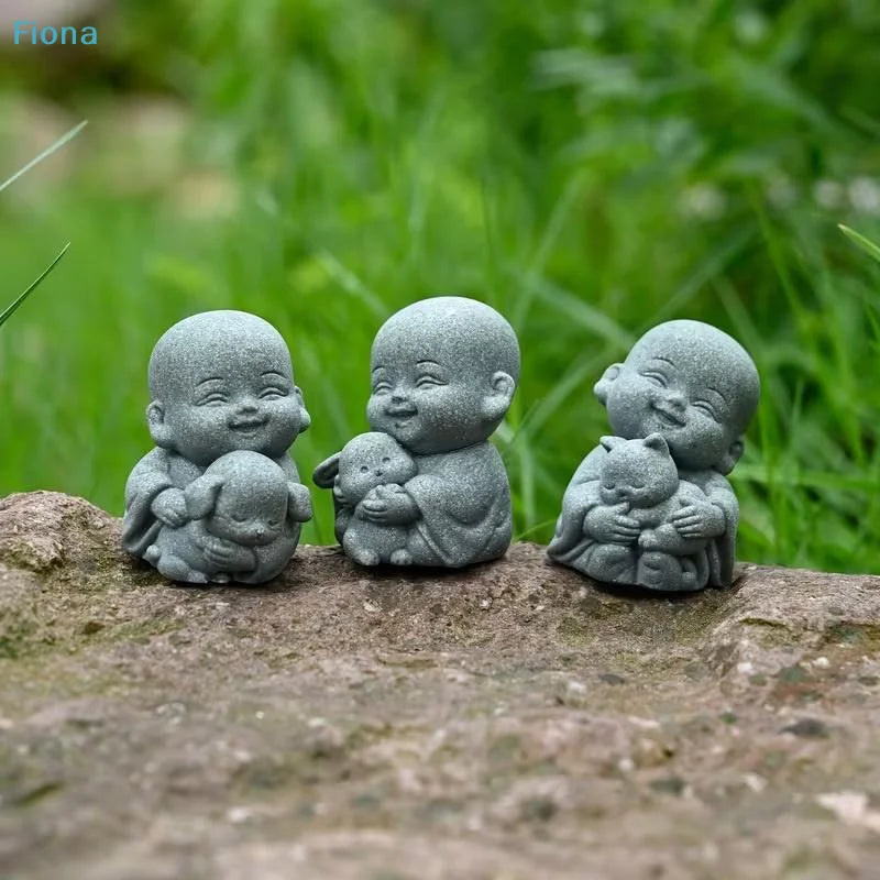 ✔Embracing Animal Monk Statue,Sandstone Finish Zen Baby Buddha Figurine,Mini Spiritual Decor for Home,Office & Garden