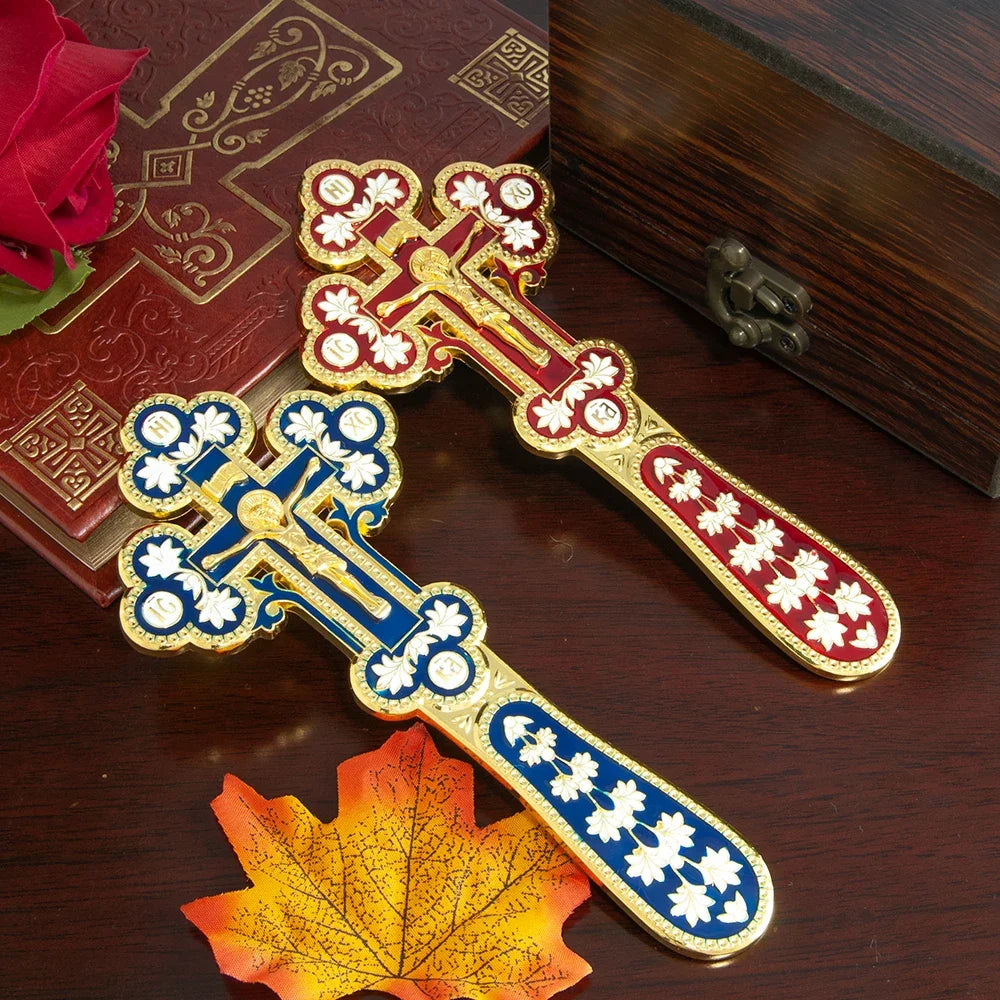 HTISOK Orthodox Blessing Handheld Church Cross Gold Plated Colorful Enamel Jesus icon Cross INRI Crucifix Single Face Jesus