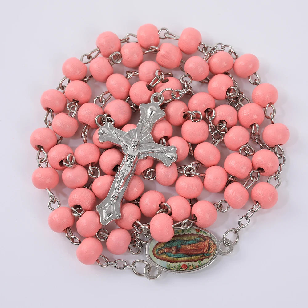 Blue Rosary Necklace For Women Men 6MM Wooden Prayer Beads Long Chain Religious Virgin Mary Cross Pendant Men Party Jewelry Gift
