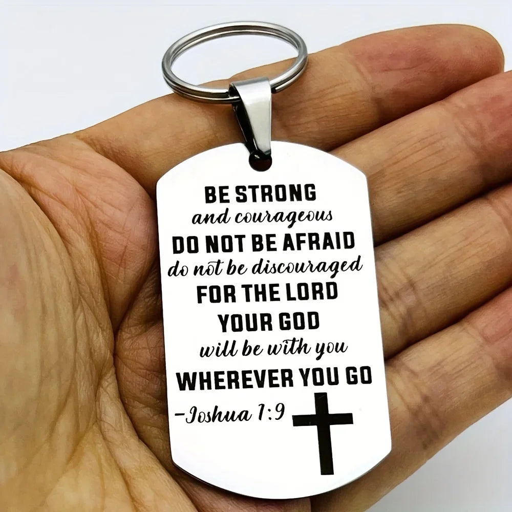 1pc Cross Christian Gifts Inspirational Bible Verse Keychain, Be Strong And Courageous Pendant,  Religious Jewelry For Birthday