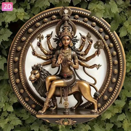 Hindu Goddess Durga Vintage Aluminum Wall Art Plaque - Golden & Black Lion Mount Indian Deity Home Decor