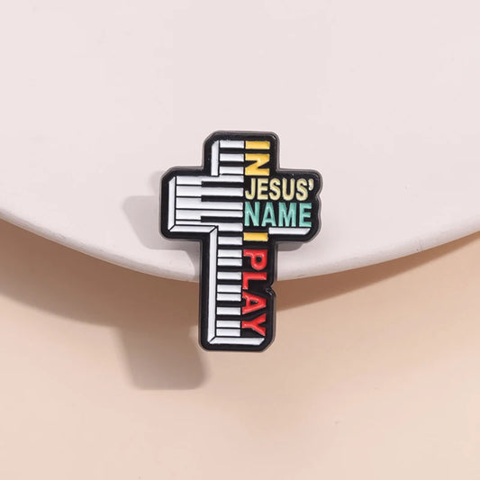In Jesus Name I Play Enamel Pins Creative Cross Piano Christian Brooches Metal Lapel Badge Clothes Backpack Believers Jewelry