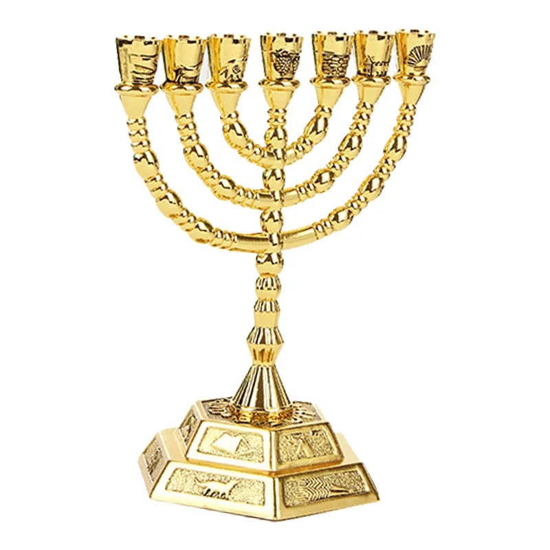 ABUN-Golden Jewish Menorah Candle-Holders Religions Candelabra Hanukkah Candlesticks 7 Branch Menorah