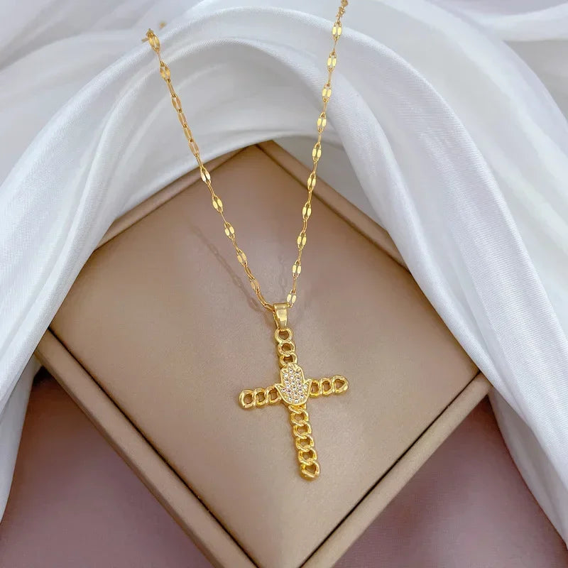 Exquisite Gold Color Stainless Steel Inlaid Crystal Cross Pendant Necklace for Women Men Luxury Full of Zircon Chokers Jewelry