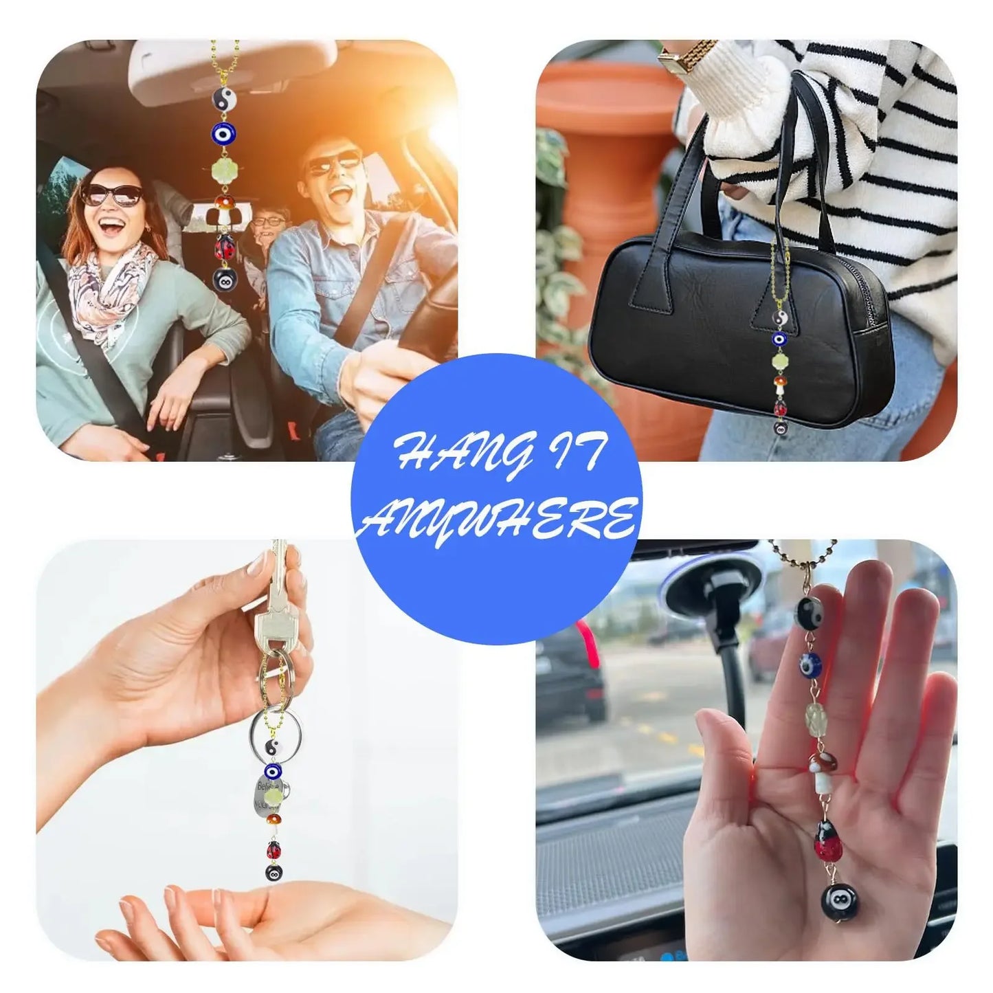 Bohemian Evil Eye 8-Ball Mushroom Clover Ladybug Yin Yang Car Pendant for Women