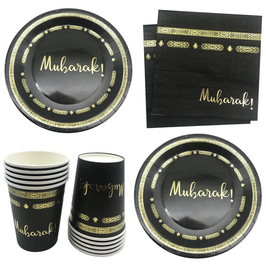Black Gold Umrah Mubarak Disposable Paper Plates Cups Napkins Banner Home Eid Mubarak Islamic Muslim Party Ramadan Table Supplie