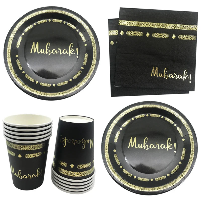 Black Gold Umrah Mubarak Disposable Paper Plates Cups Napkins Banner Home Eid Mubarak Islamic Muslim Party Ramadan Table Supplie