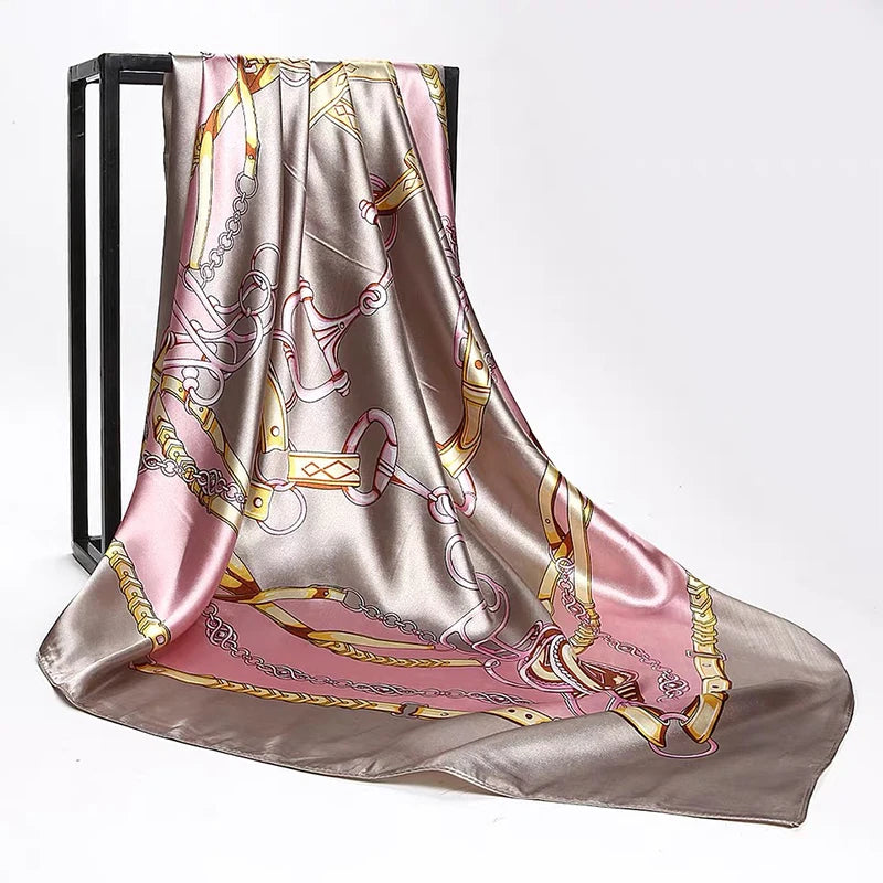 90*90cm Women Square Silk Scarf Luxury Brand Large Shawl Neckerchief Print Headband Female Foulard Bandana Wraps Hijab Scarves
