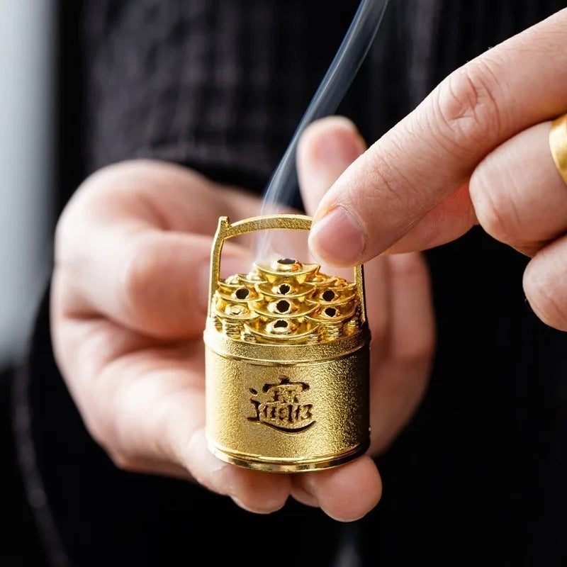Mini Bucket Shaped Incense Burner Lucky Wealth Desktop Ornament for Home Meditation Aroma Gold Ingot Fortune