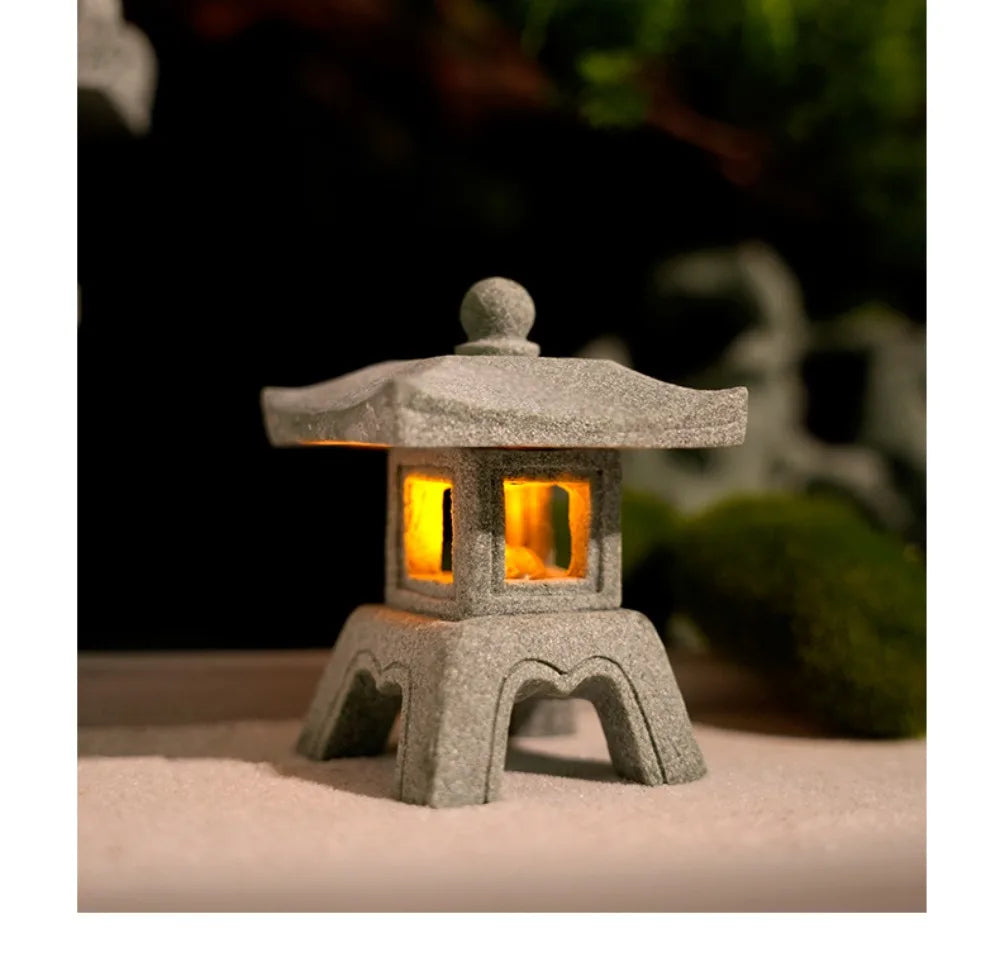 New Mini Pagoda Lantern Light Garden Statue Decorative Sand Stone Micro Landscape Lamp Zen Yard Miniature Bonsai