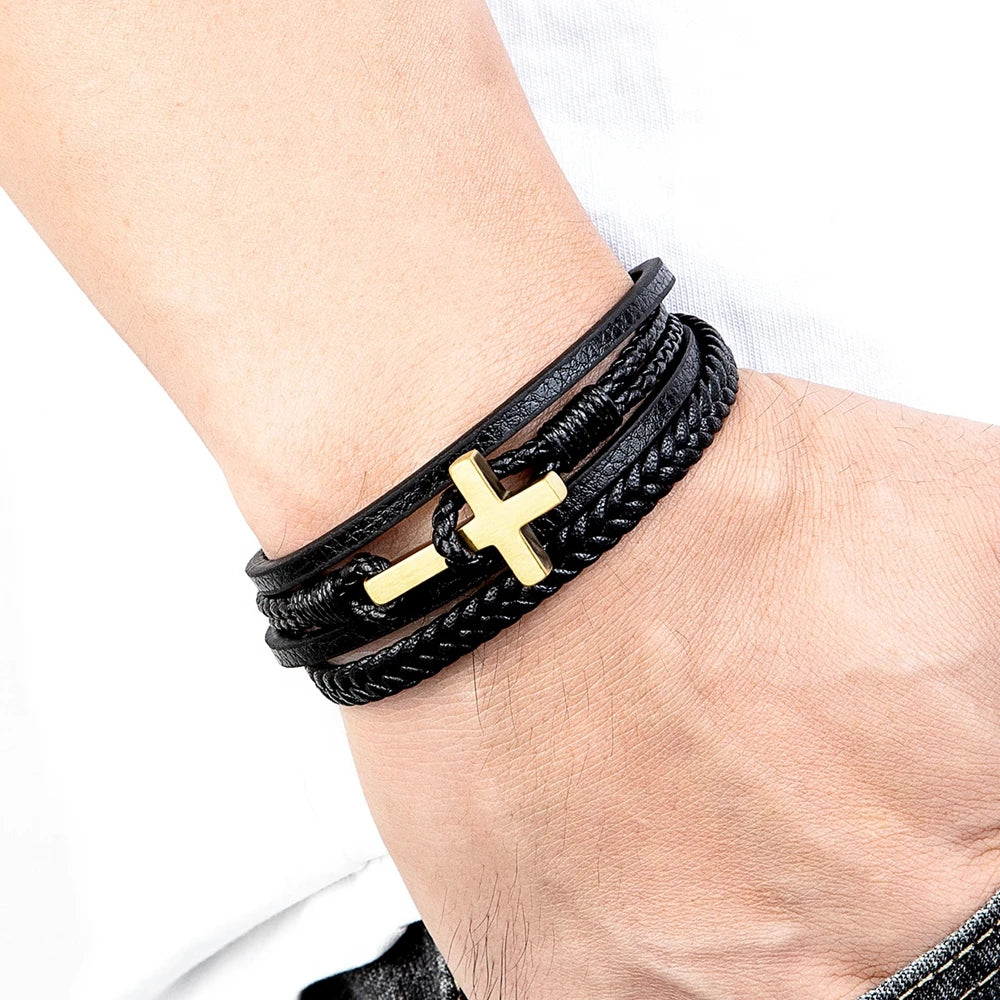 XQNI New Cross Men's Leather Bracelets Stainless Steel Magnet Clasp Charms Fashion Punk Bangle Homme Christian Jewelry Gifts