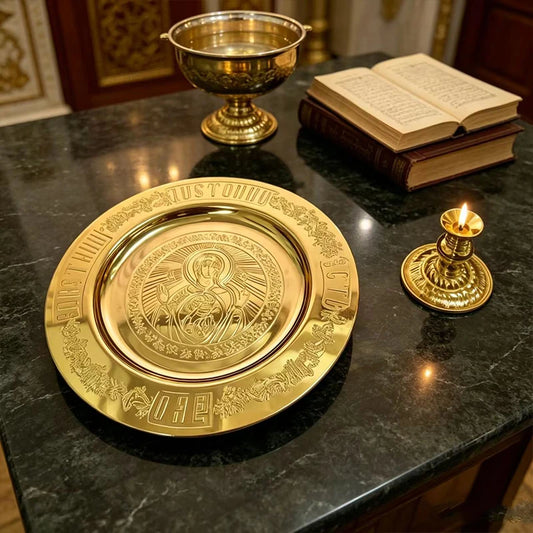 Handmade Gold Plated Orthodox Church Brass Candlestick Liturgical Tray Set Engraved Virgin Icon Religious Plate for Church Cerem