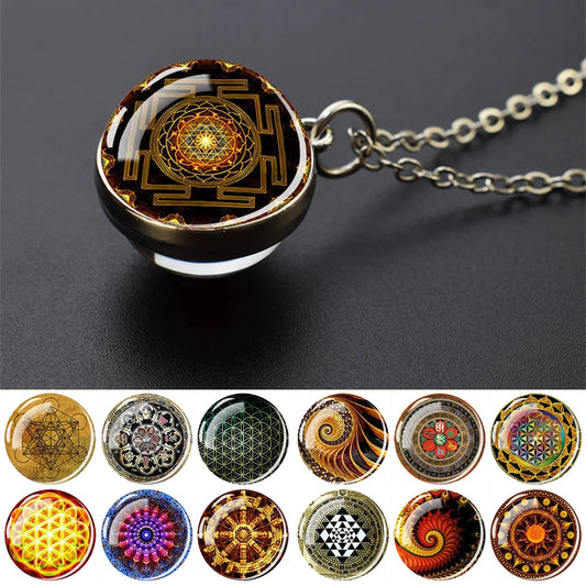 Sacred Geometry-Metatron's Cube Necklaces Sri Yantra Mandala Double Side Glass Ball Pendant Necklace Buddhist Yoga Jewelry Gift