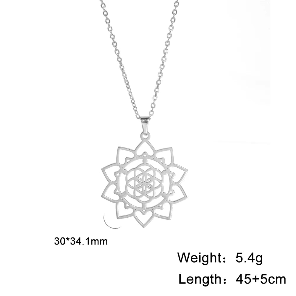 Flower of Life Sacred Geometry Necklace Stainless Steel Mandala Neck Chain Women Men Vintage Universal Spiritual Jewelry