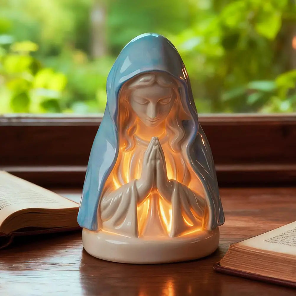 Virgin Mary Prayer Statue with Light, Christian Prayer Lamp for Home Christian Decor, Hand Painted Blessed Virgin Mary Statue