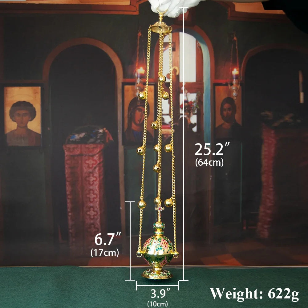 HTISOK Eastern Orthodox Church Censer with Bells Gold Plated Thurible with Enamel for Religious Rituals Church Hanging Censer