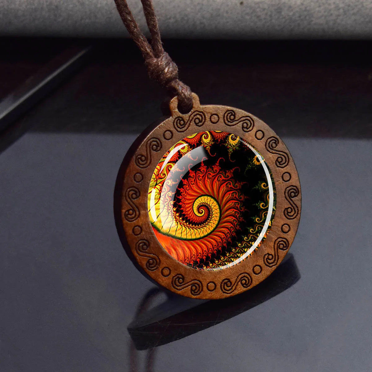 Sri Yantra Mandala Glass Necklace Wood Pendant Buddhist Sacred Geometry Jewelry Spiritual Yoga Gift