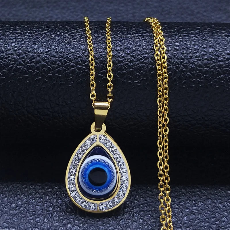 Greek Eye Fatima Hand Necklace for Women Men Stainless Steel Turkish Evil Blue Eye Protection Chain Islamic Jewelry  N8041S01
