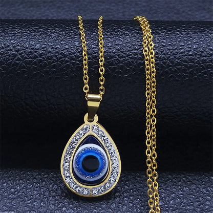 Greek Eye Fatima Hand Necklace for Women Men Stainless Steel Turkish Evil Blue Eye Protection Chain Islamic Jewelry  N8041S01