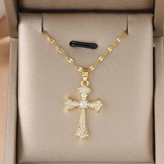 1pc Luxury Copper Zirconia Cross Pendant Necklace For Women Zircon Inlaid Jewelry Gold Color Long Clavicle Chain Necklaces