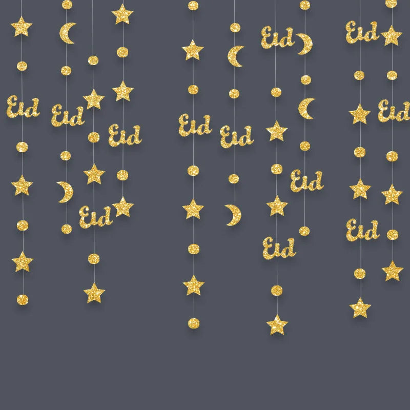 3M Gold Silver Star Moon Lantern Garland Ramadan Eid Mubarak Hanging Streamer Home Decoration Muslim Islamic Party 2025