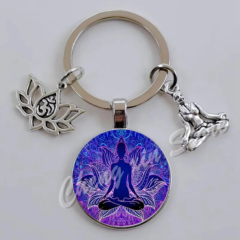 Indian Buddha Meditation 7 Chakra Mandala Psychedelic Yoga Glass Cabochon Keychain Ornament