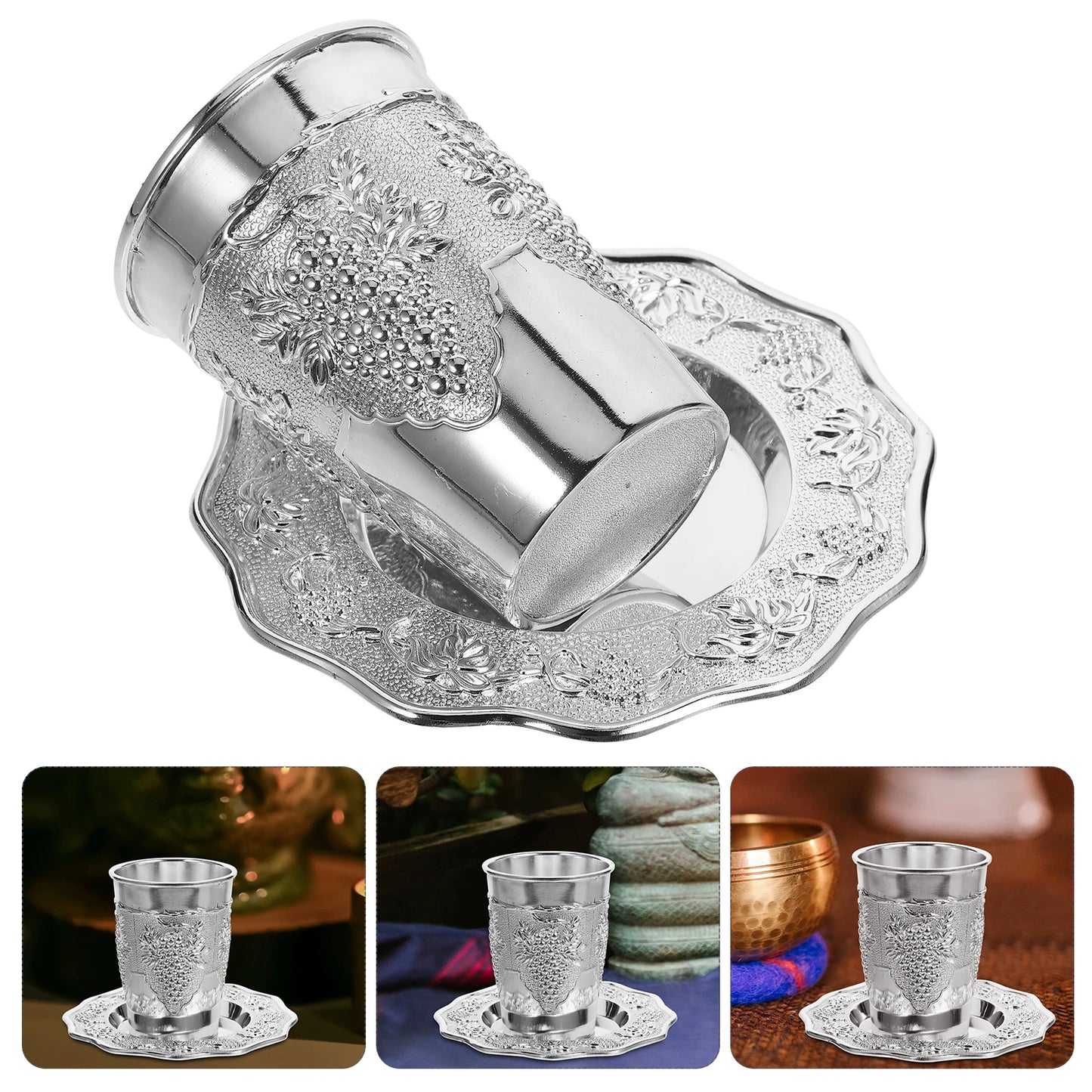 1 set Sturdy Blessing Wine Glass Set Cup Plate Embossed Religious Holiday Shabbat Passover Jewish Cup Festival Ceremony Drinking