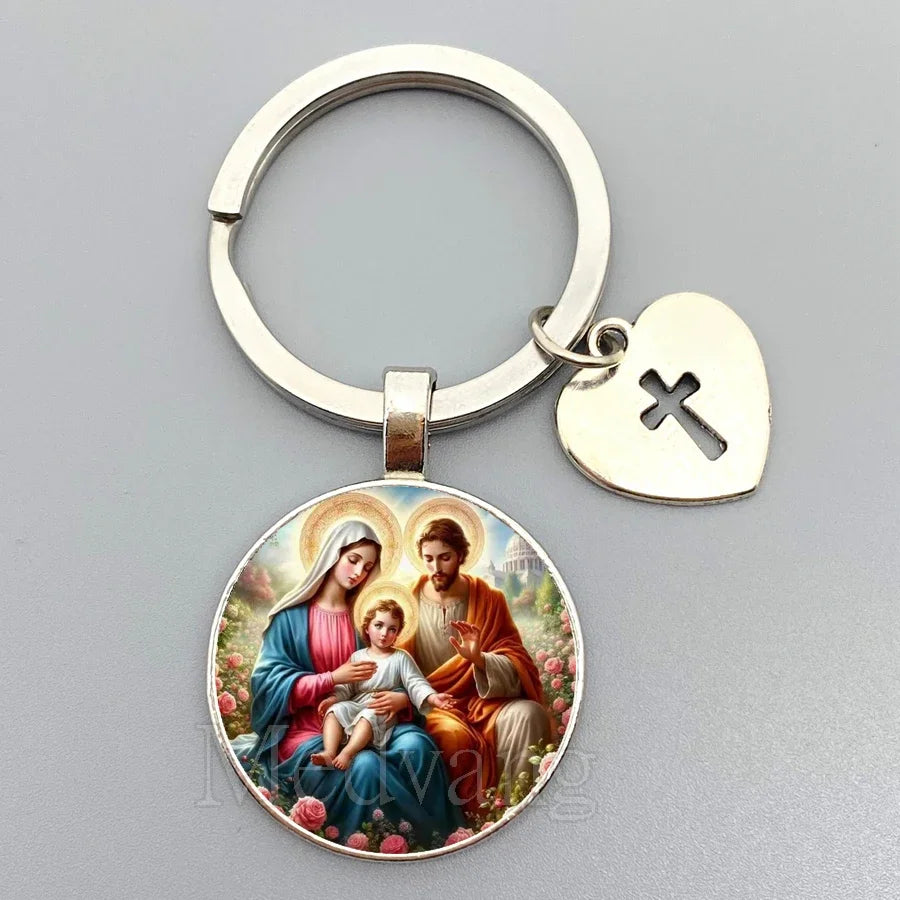 Jesus Sacred Heart Keychain Virgin Mary Glass Dome Key chain Catholic Men's and Women's Jewelry Gifts