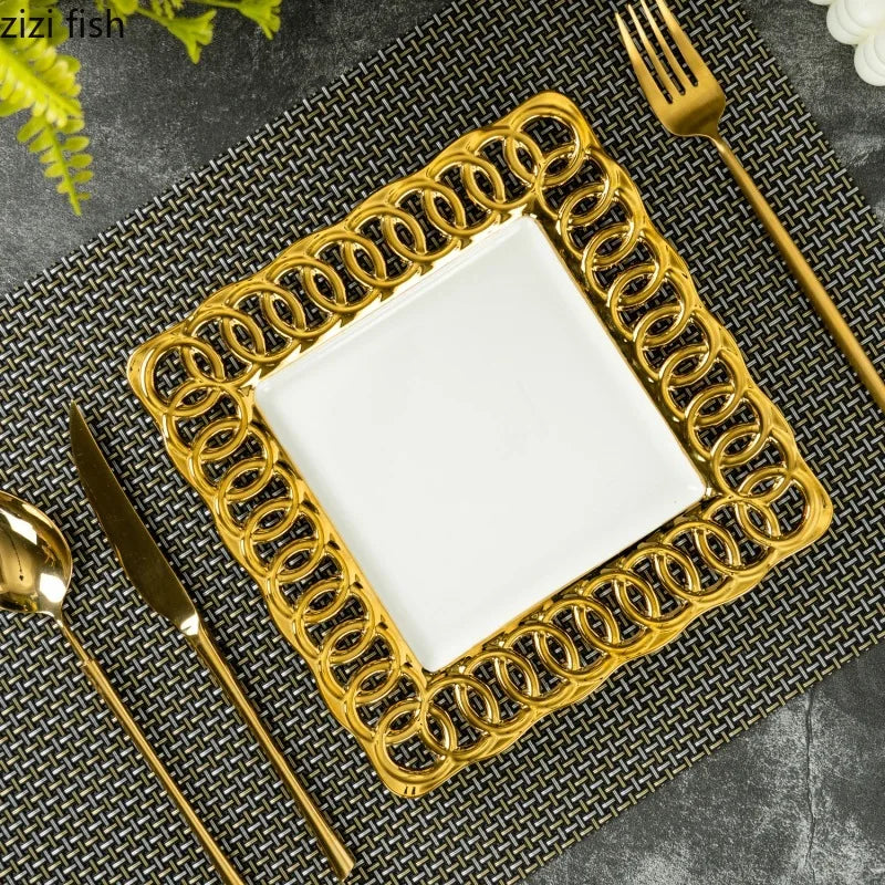 Gold Plated Hollow Out Ceramic Plate Steak Plate Dessert Snack Plate Fruit Salad Plates Service Plates Restaurant Tableware