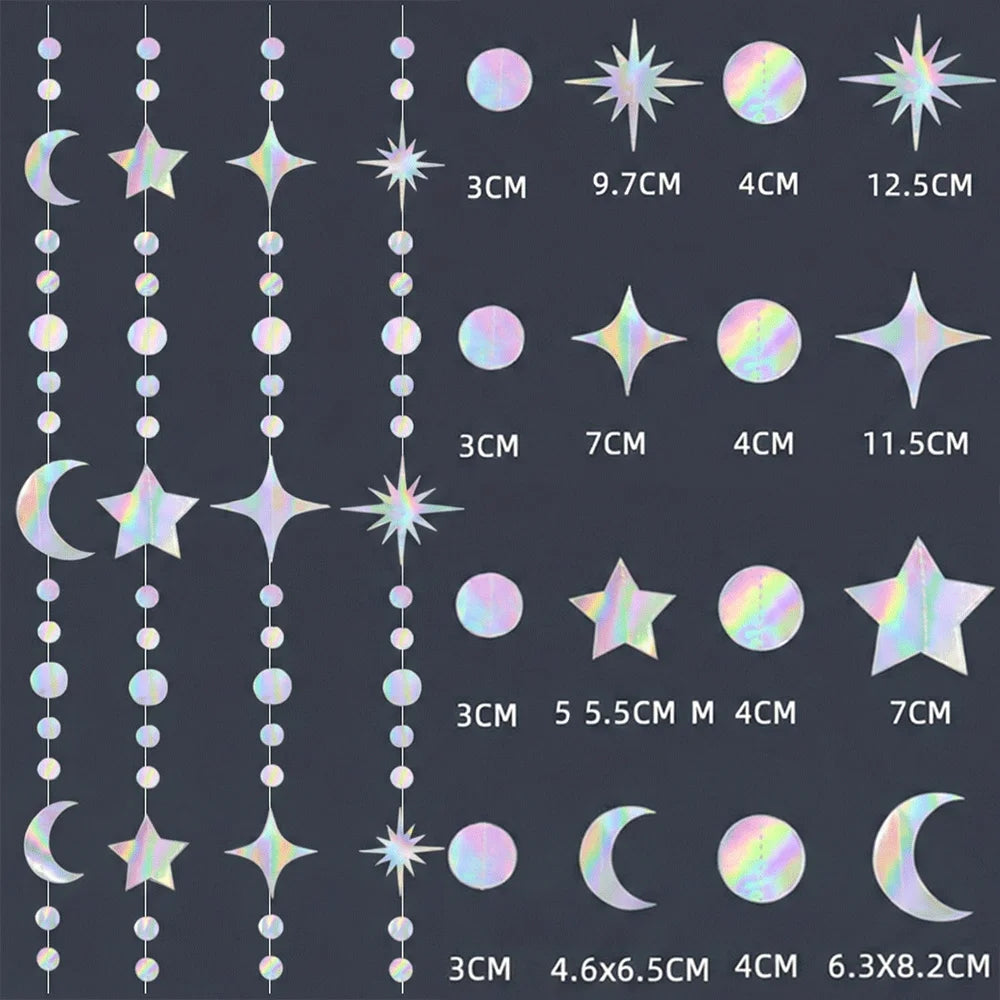 Iridescent Star Moon Circle Dot Hanging Garland Ramadan Eid Mubarak Decoration Twinkle Wedding Baby Shower Birthday Party Decor