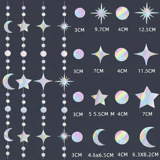 Iridescent Star Moon Circle Dot Hanging Garland Ramadan Eid Mubarak Decoration Twinkle Wedding Baby Shower Birthday Party Decor