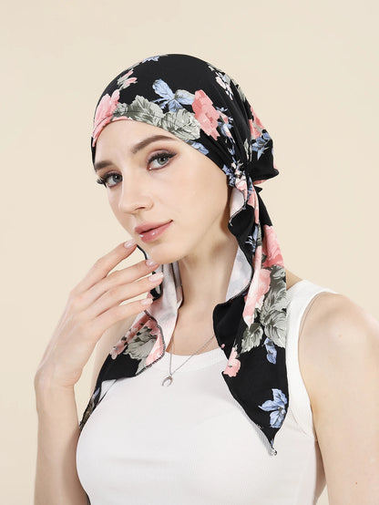 Muslim Fashion Print Hijab Turban Hats Long Tail Head Wraps Elastic Hijab Hats Breathable Chemo Cap For Women Girls