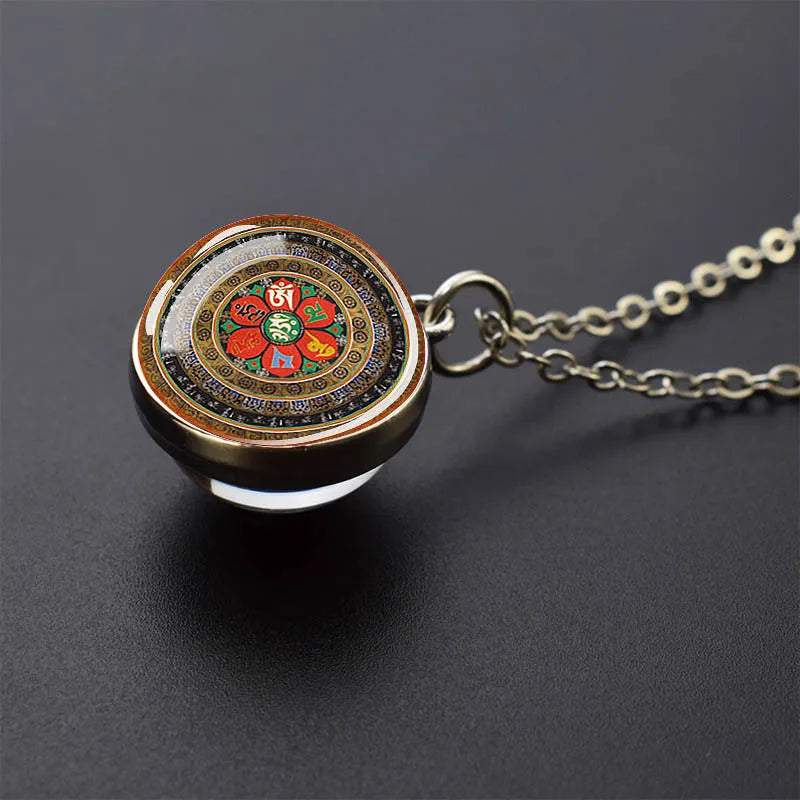 Sacred Geometry-Metatron's Cube Necklaces Sri Yantra Mandala Double Side Glass Ball Pendant Necklace Buddhist Yoga Jewelry Gift
