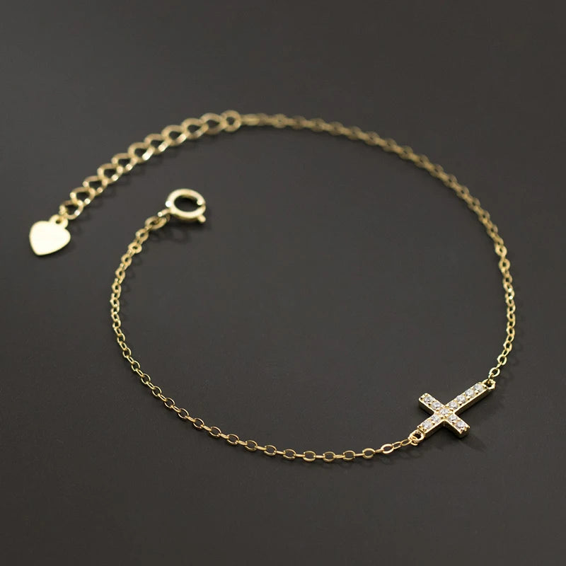 WANTME 925 Sterling Silver Simple Gothic Pave Zircon Cross Chain Bracelet for Women Fashion Statement Gold Party Jewelry Gift
