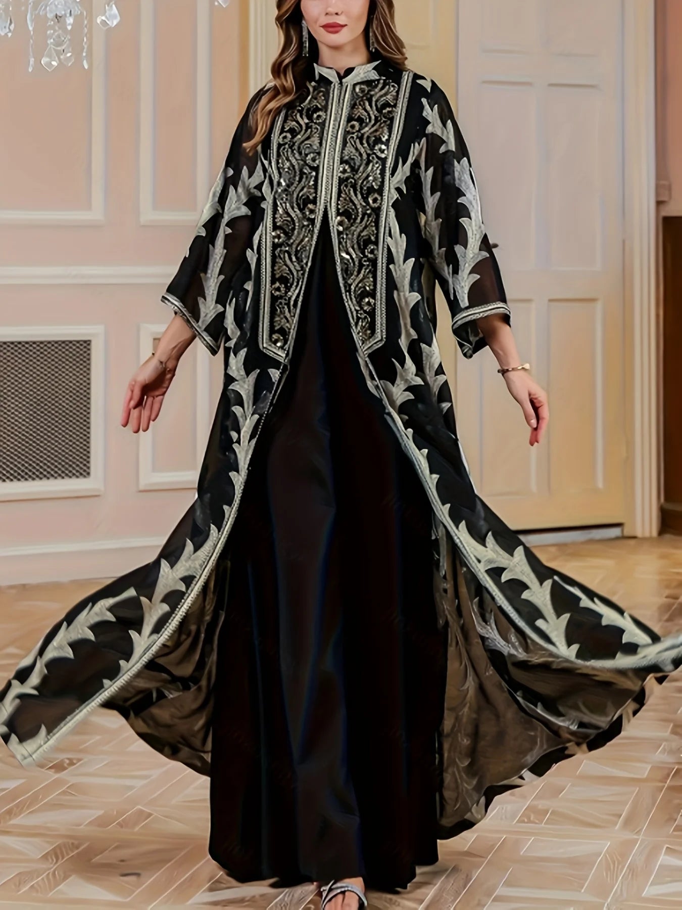 New Middle Eastern Women's Clothing: Elegant High-End Sequin Embroidered Black Robe, Loose and Comfortable for Commuting, Breathable Muslim Beach Vacation Cardigan, Mesh Cover-Up, Dubai Saudi Traditional Attire, Long-Sleeve S