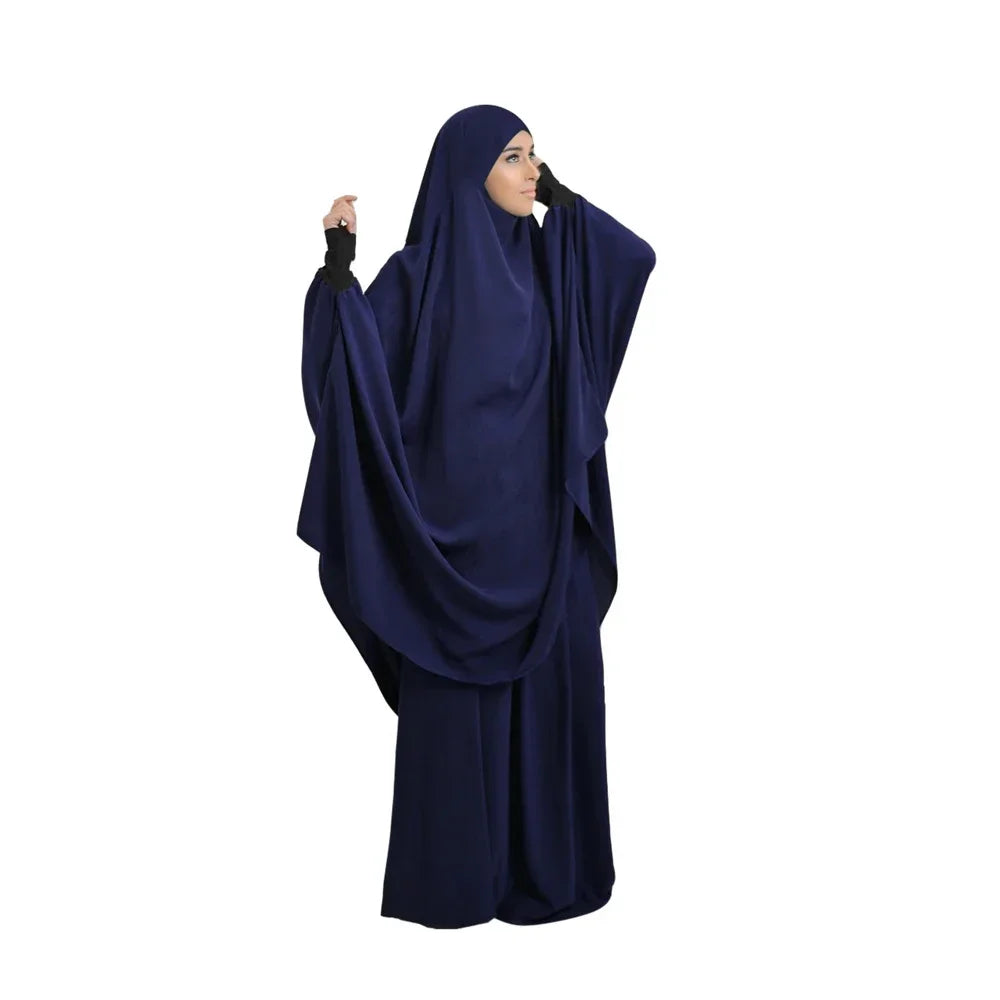 2 Piece Ramadan Khimar Muslim Women Prayer Set Dress Full Cover Islamic Burka Hooded Arab Gowns Umrah Eid Abaya Worship Service