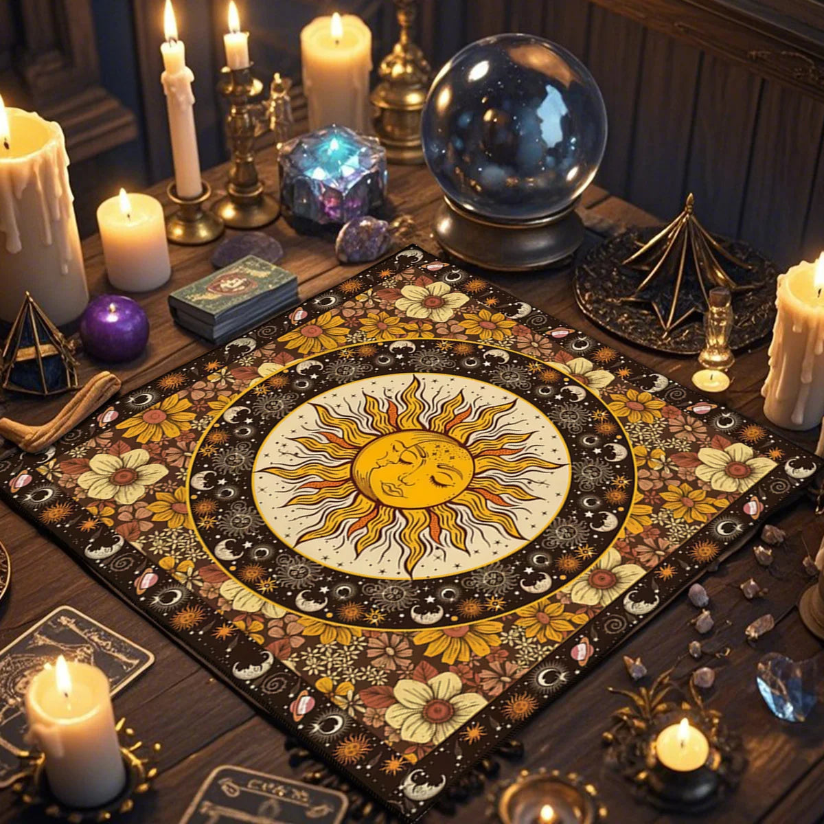 Floral And Sun Tarot Card Tablecloth Altar Cloth Flower Life Spread Tarot Reading Cloth Spiritual Oracle Card Pad