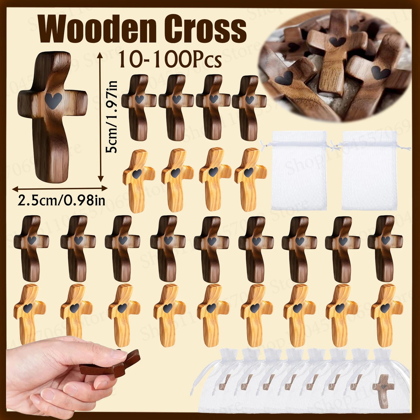 20-100Pcs Wooden Cross Fidget with Organza Bags Prayer Cross for Hand Handmade Pocket Wood Crosses Christian Encouragement Gift