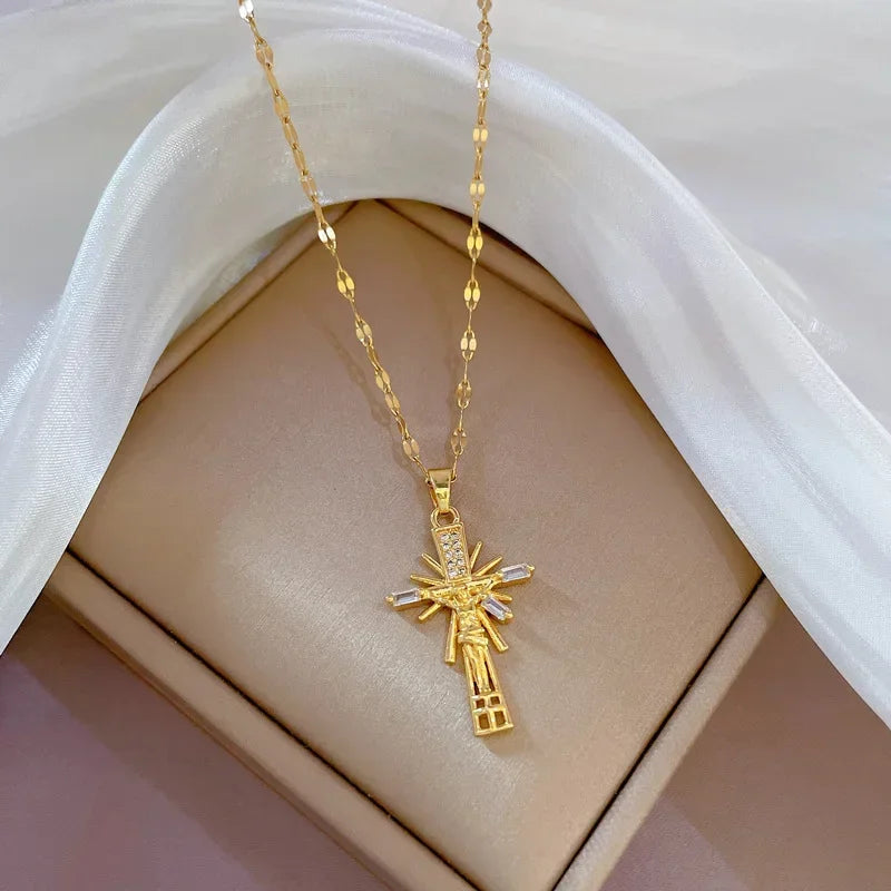 Exquisite Gold Color Stainless Steel Inlaid Crystal Cross Pendant Necklace for Women Men Luxury Full of Zircon Chokers Jewelry