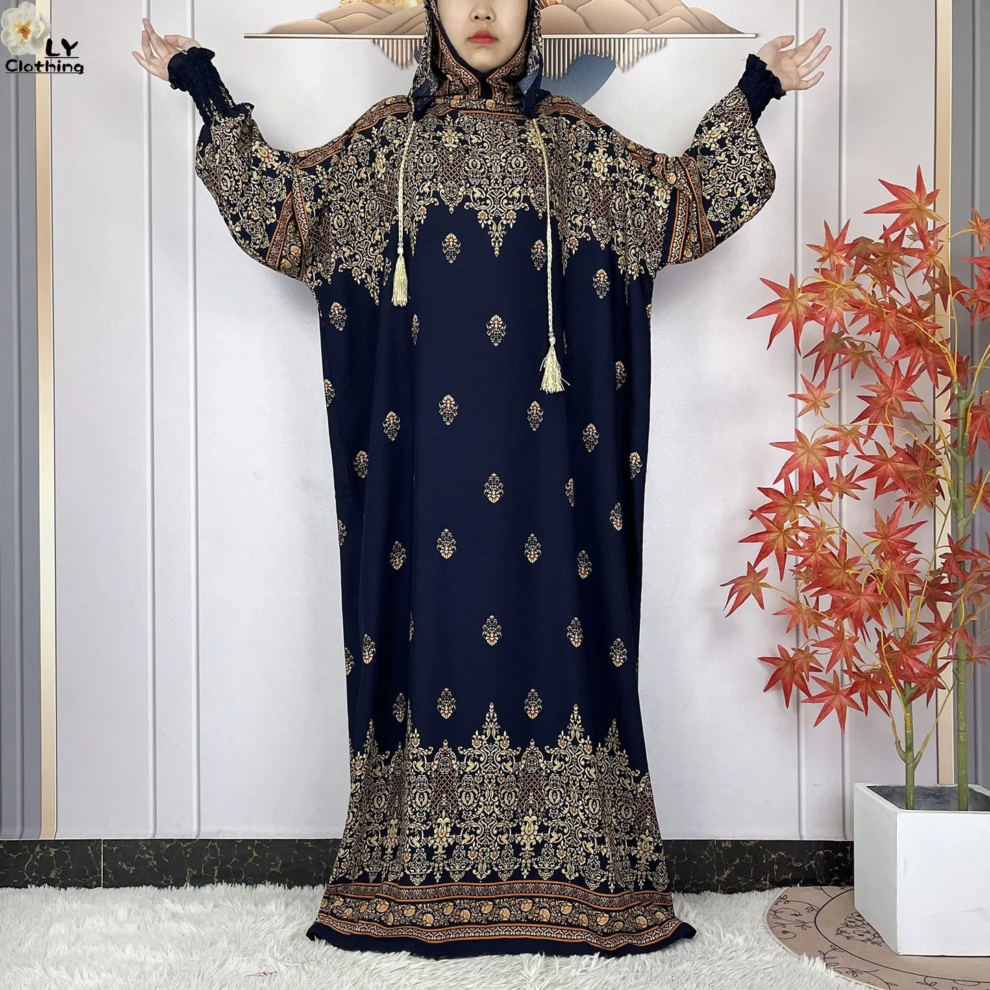 2025 Women Long Sleeves Dress Cotton Ramadan Abaya with Two Hats Muslim Women's Kaftan Dress Dubai Turkey Islam Prayer Clothing