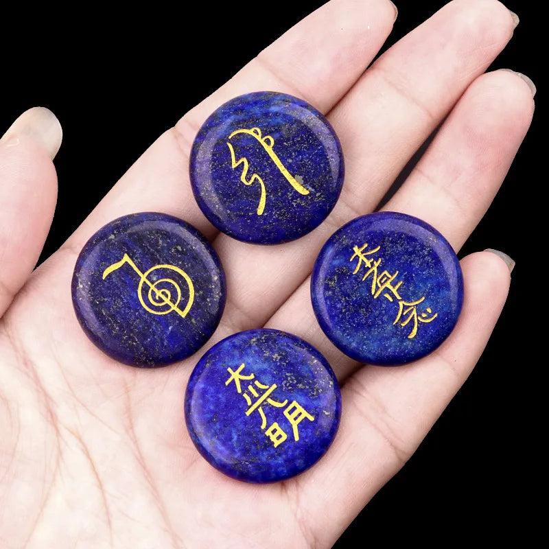 4Pcs Natural Lapis Lazuli Stones Engraved Chakra Symbols Polished Palm Stones for Reiki Crystal Healing Balancing