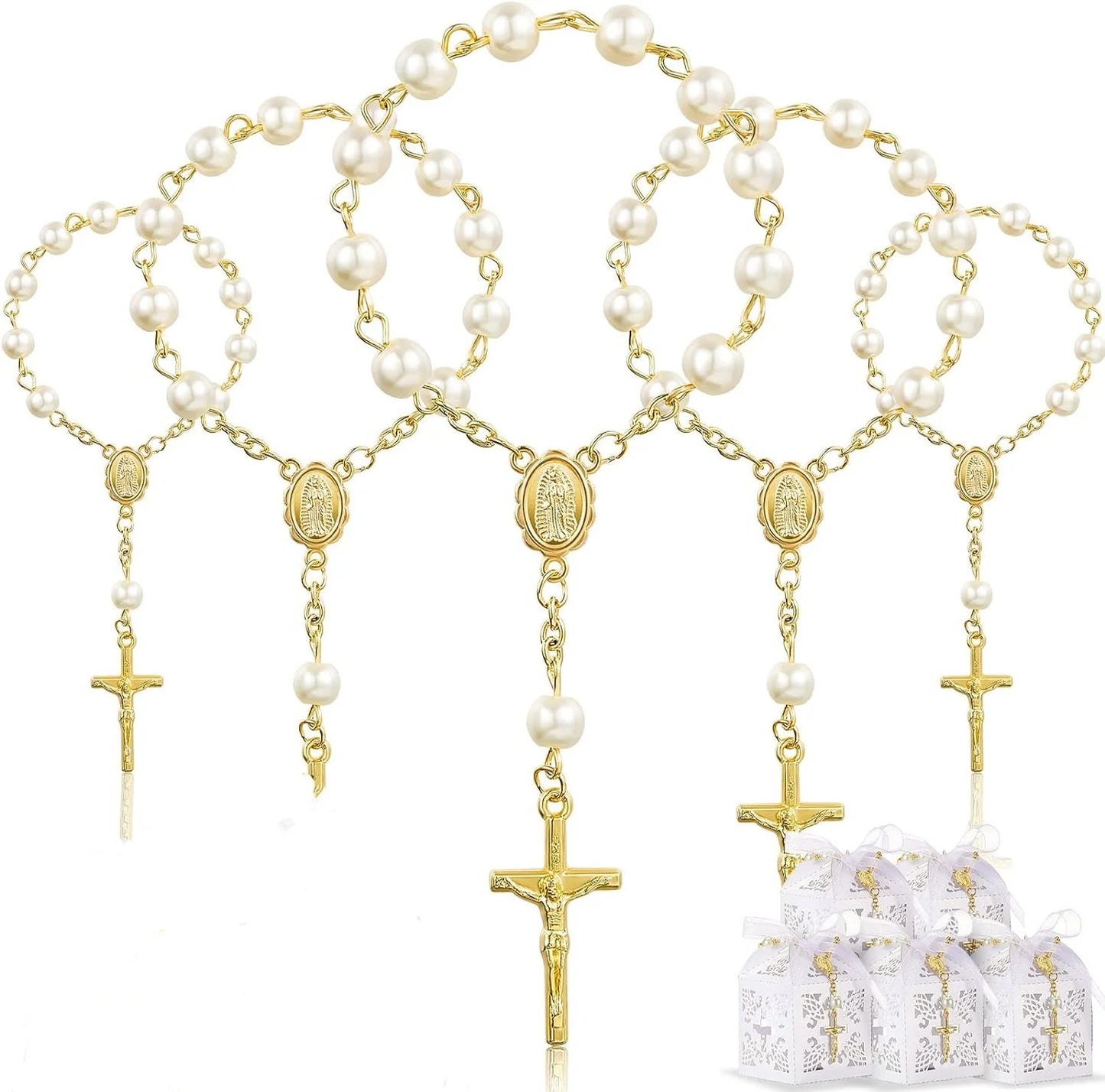 10/20pcs Christening Acrylic Rosary Beads Faux Pearls with Cross Christening Gift Box for Christening Wedding Party Favors