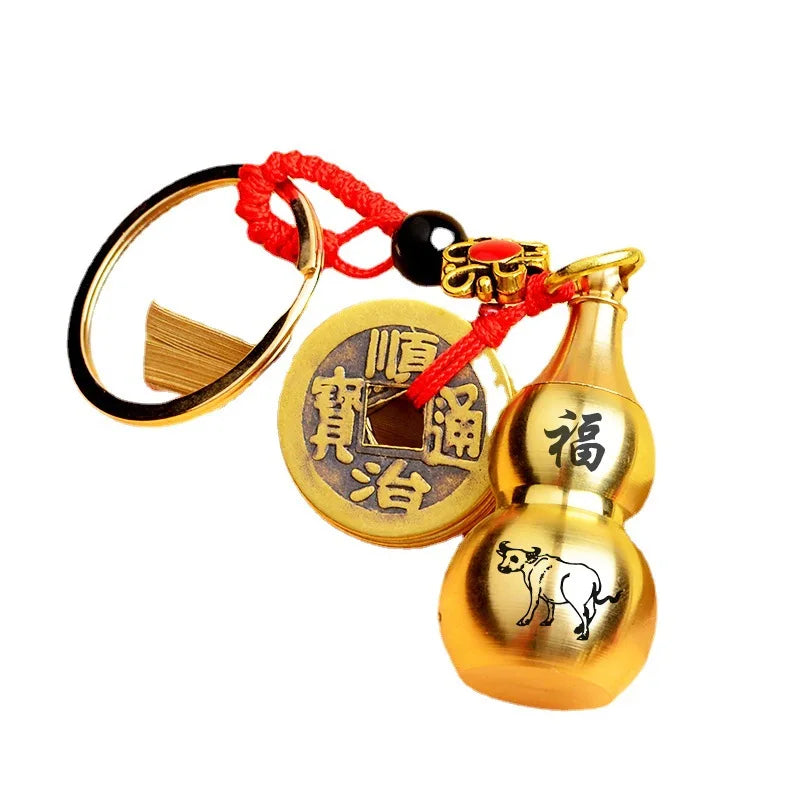 New Red Rope Five Emperor Money Large Hollow Gourd Key Chain Twelve Zodiac Large Gourd Cover Brass Key Ring Wholesale