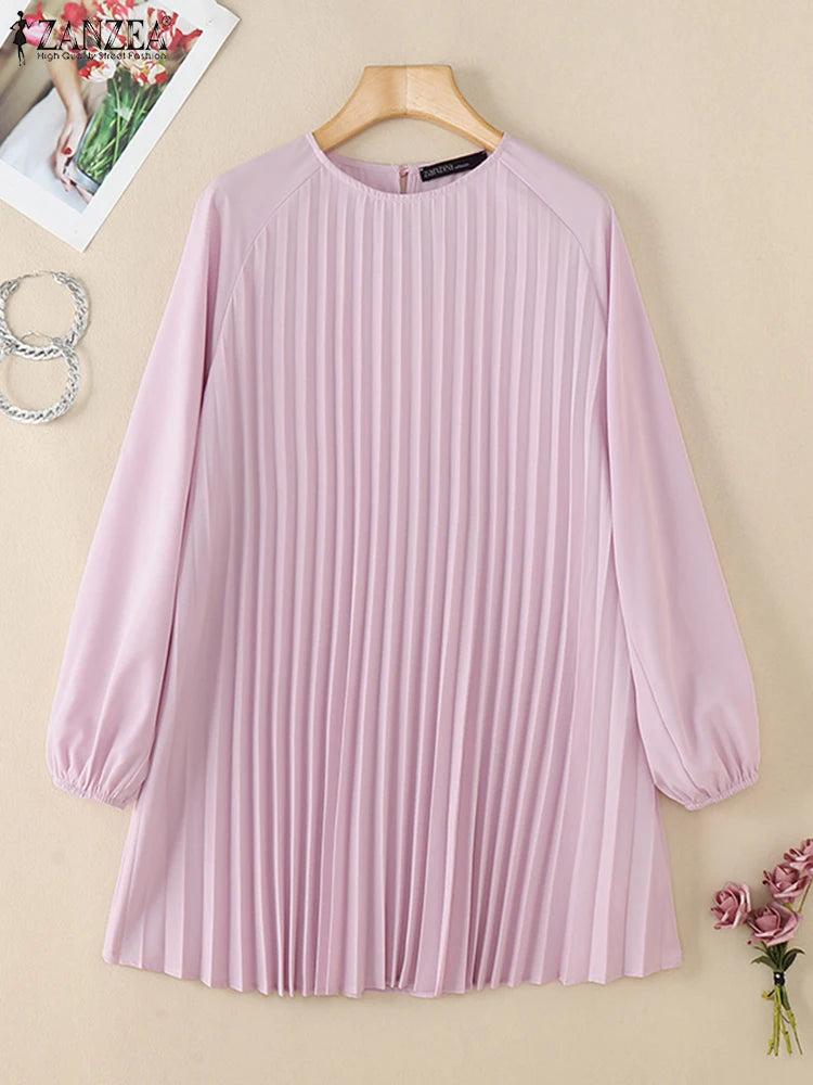 ZANZEA O Neck Islamic Hijab Abaya Blusas Solid Raglan Sleeves Casual 2024 Fall Long Tops Women Pleated Muslim Fashion Blouses