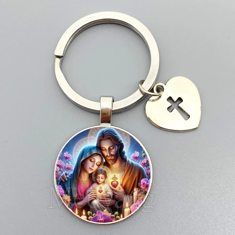 Jesus Sacred Heart Keychain Virgin Mary Glass Dome Key chain Catholic Men's and Women's Jewelry Gifts