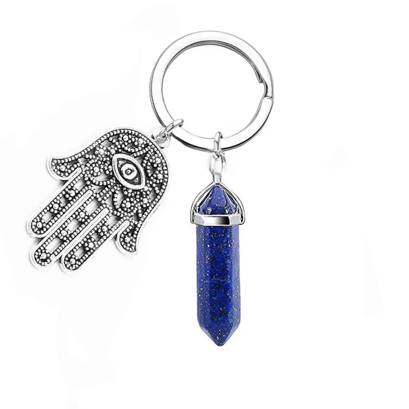 1Pc Natural Stone Crystal Points Keychain with Hamsa Hand Evil Eye Charms Reiki Energy Good Luck Amulet for DIY Jewelry Making