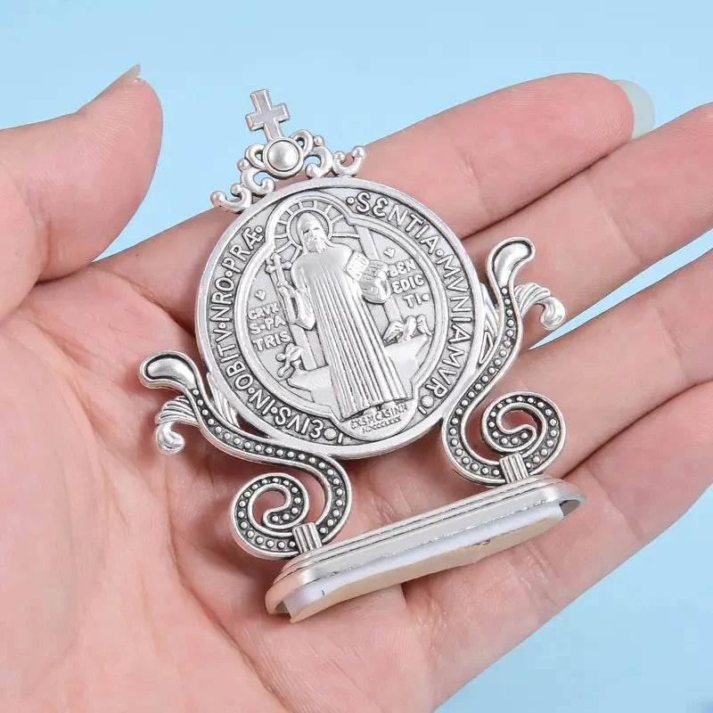 St. Benedict Cross Craft Ornament Enamel Metal Saint Statue Car Home Office Table Decoration Religious Blessing Decor