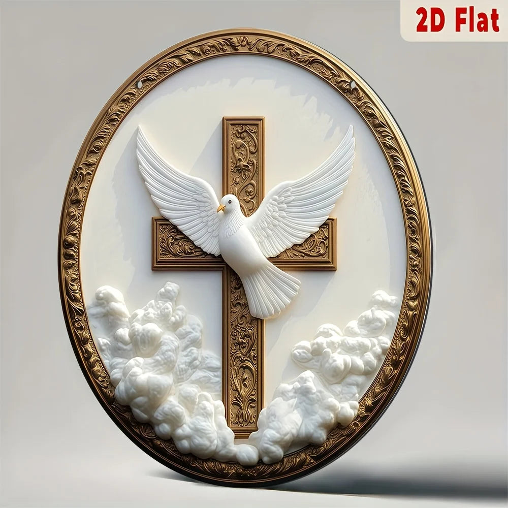 Christian Metal Wall Art 8 Inch Round Spiritual Dove Cross Plaque Religious Home Decor Gold Church Gift with Hanging Hardware