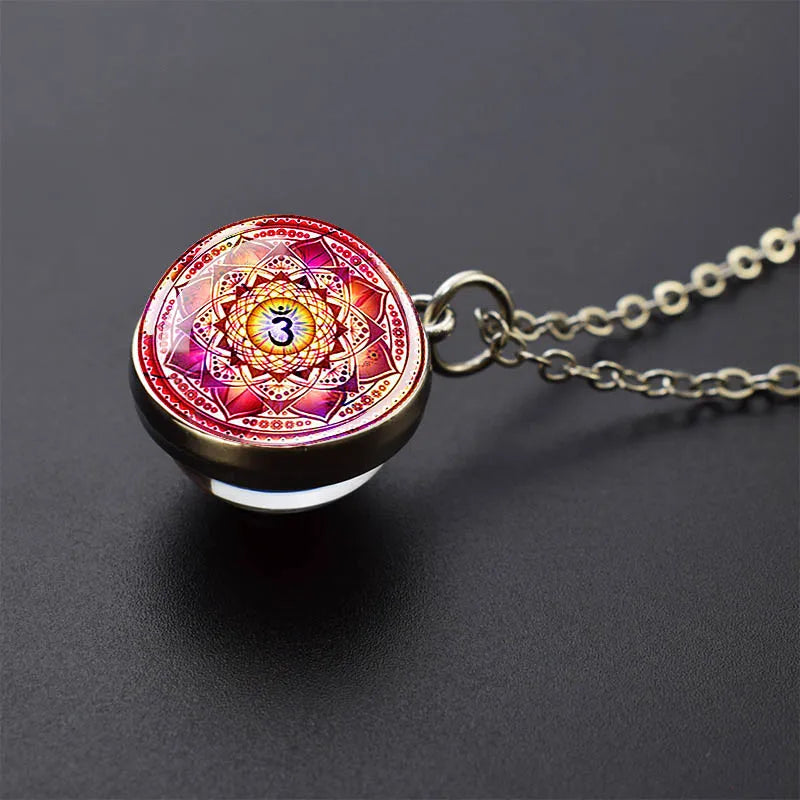 Sacred Geometry-Metatron's Cube Necklaces Sri Yantra Mandala Double Side Glass Ball Pendant Necklace Buddhist Yoga Jewelry Gift